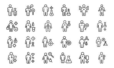 Modern Healthcare and Medical Line Icons – Patient Care, Hospital Equipment, Diagnosis Tools, Toothbrush, Prescription, Injection, and Medical Communication Symbols