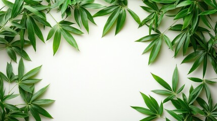 Naklejka premium Fresh green leaves frame a white background