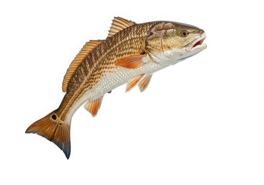 Red drum fish leaping out of water isolated on white background