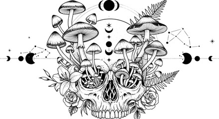 Enchanting Skull Mushroom Celestial Phases Flora Tattoo Design