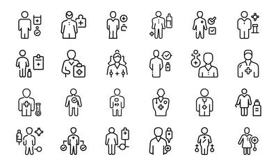 Modern Healthcare and Medical Line Icons – Patient Care, Hospital Equipment, Diagnosis Tools, Toothbrush, Prescription, Injection, and Medical Communication Symbols