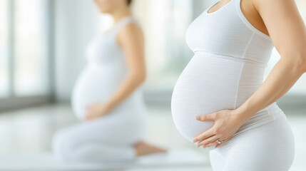Pregnant women in white clothing are doing yoga, focusing on their breathing and relaxation. Concept: maternity, wellness, and prenatal care