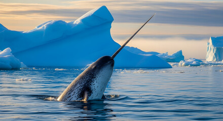 Narwhal Breaching Surface With Spiral Tusk Sparkling in Arctic Sunlight and Icebergs Floating in the Background