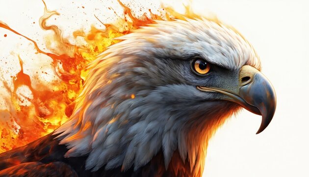 Bald eagle head close-up with black feathers, white background. Majestic bird of prey with brown eyes. Strong, fierce, intense gaze. American symbol, national bird, power, freedom, majestic, nature,