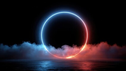 3D render, a colorful neon-glowing circle in the clouds against a dark background. A glowing round frame with clouds. An abstract background of bright light and fog.