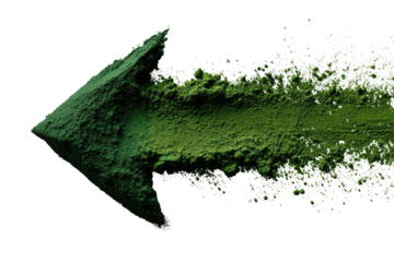 A dynamic, pointed arrow of textured green matter trails outward in a burst effect