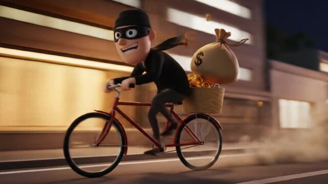 A comical thief rides a bike, escaping with a money bag through the city.