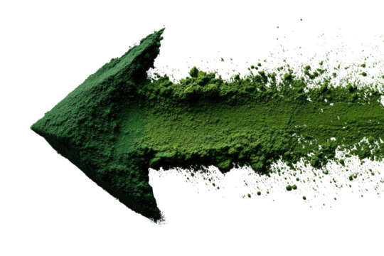 A dynamic, pointed arrow of textured green matter trails outward in a burst effect - Powered by Adobe