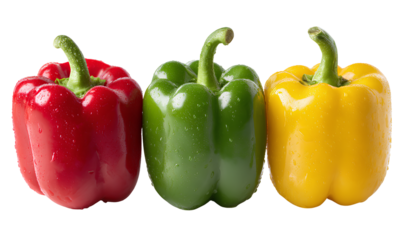 Set of Red, Green, and Yellow Bell Peppers Aligned in a Row, Front View, Isolated on Transparent Background