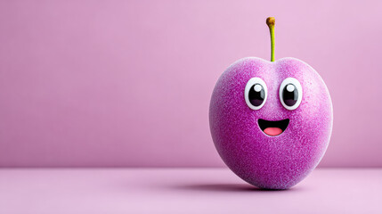 Cheerful 3D cartoon of a blushing plum fruit with a smile.