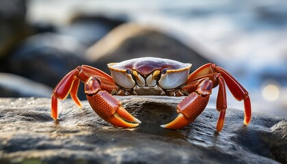 a crab climbs a rocky surface its textured shell captured in sharp focus