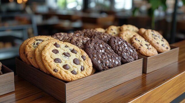 Freshly baked chocolate chip cookies in wooden trays