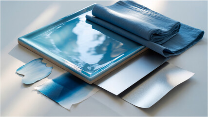 close up of a glass, icy blues glossy ceramic tiles and blue cotton, ink wash silver metallic paper