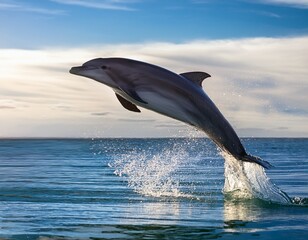 Fototapeta premium a dolphin is captured mid jump frozen in the air with the sky as background