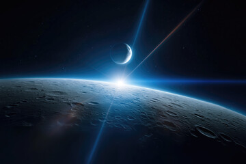 Moon spacecraft approaching the dark limb of crater horizon with blue illuminated glow and subtle lens flare in minimalist atmospheric sci‑fi composition