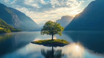 Single tree on small island in middle of calm lake, surrounded by majestic mountains, gentle sunlight, blue sky with clouds, creating peaceful and idyllic natural landscape