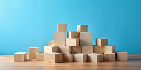Unstructured Wooden Blocks Arranged on a Table Against a Light Blue Background