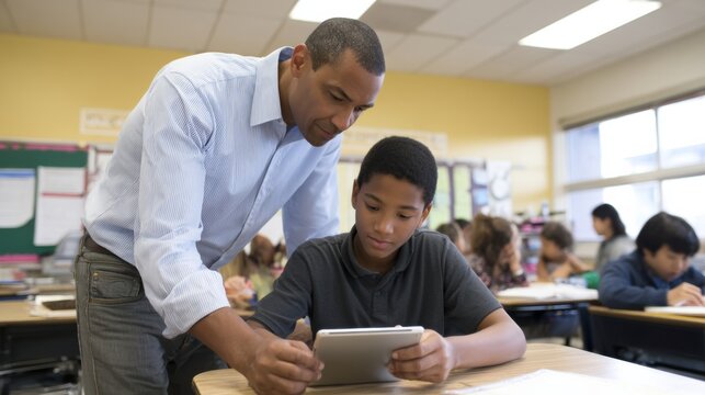 Teacher guiding young student in tablet use in classroom, fostering learning and engagement. atmosphere is supportive and collaborative, enhancing educational experience