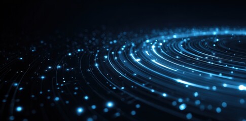 Futuristic blue glowing lines and dots forming circular tech pattern on dark background, representing digital network, data flow, and abstract innovation concept for sci - fi, tech, or cyber projects.