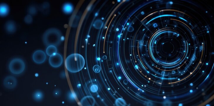 Futuristic blue and gold circular tech pattern with glowing orbs, representing digital innovation, cyber network, and abstract technology concept for sci - fi, data, or tech - themed projects.
