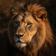 Obraz premium Majestic golden lion with rich orange hue body stands in center. Serene blue sky background with patches of grass create peaceful environment. Lion head slightly turned, inviting gaze. Golden mane