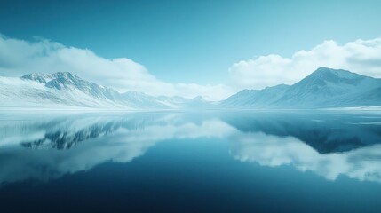 Frozen lake, snow-capped peaks, mirrored sky