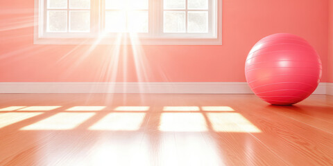 A pink exercise ball is on a wooden floor in front of a sunlit window. Bright, minimalist interior, fitness concept