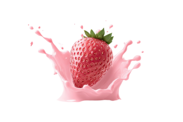 A vibrant strawberry immersed in a splash of pink liquid, likely milk or a similar beverage