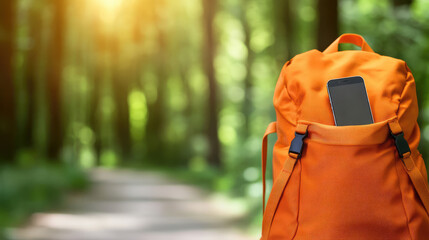 An orange backpack with a smartphone peeking out of it is placed on a path in a forest. Outdoor adventure and technology in nature