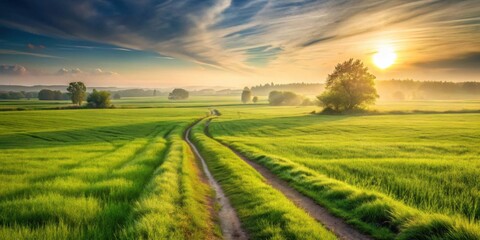 Obraz premium Serene Sunrise Over Lush Green Fields, A Picturesque Dirt Road Winding Through Vibrant Nature