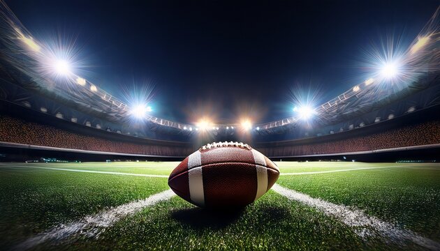 an american football on the field under stadium lights at night capturing the anticipation and intensity of a game