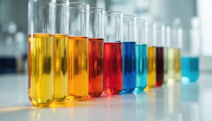 Colorful transparent test tubes array with orange and yellow hues. Chemistry experiment setup with six test tubes in pairs, showcasing vibrant colors and reflections.