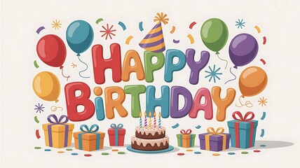 Colorful Happy Birthday Celebration with Balloons Gifts Cake and Confetti
