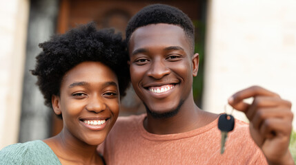 A happy couple is holding a key, smiling broadly at the camera. Concept: new home, achievement, togetherness