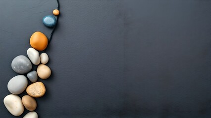 Question mark and exclamation mark on blackboard with colorful spheres and organic ingredients background
