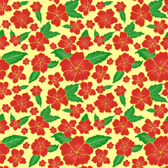 Hibiscus Red Flowers Seamless Pattern on Yellow Background