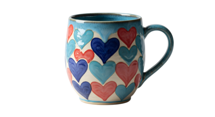 Ceramic mug with colorful heart pattern isolated PNG with Transparent Background
