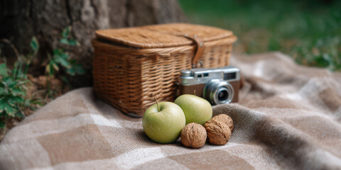 A wicker basket, two apples, walnuts, and a vintage camera are placed on a checkered blanket near a tree. Picnic setup and vintage theme