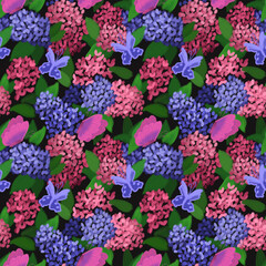 Hydrangeas and Butterflies Floral Pattern on Dark Background
