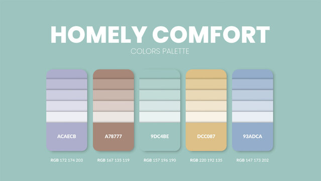 Color palette guide in Homely comfort colour theme collections. Color inspiration or chart with codes template. Color combination RGB. Colors swatches for graphic design, art, fashion, web, painting.