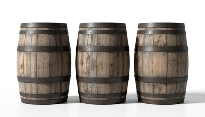 Three wooden barrels with shiny finish and black metal rivets. Weathered, uniform texture of wood and metal. Balanced composition with parallel sides and pointing bases.