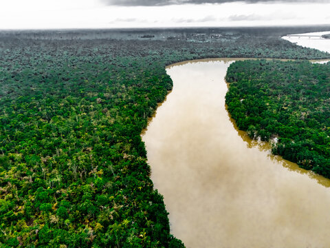 Aerial view of a wide, muddy river snaking through a dense, emerald green forest under a cloudy sky linking Bani Town, Rivers State, Nigeria