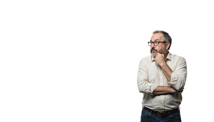 Fototapeta premium Man in light beige shirt and glasses stands against gray background. He has contemplative expression, gazing to left, with beard. Serious male adult thinking, looking uncertain, puzzled, with doubts.