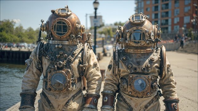 Two people in vintage deep-sea diving suits walk along a sunny harbor promenade, their heavy brass helmets and retro gear contrasting with the modern urban backdrop