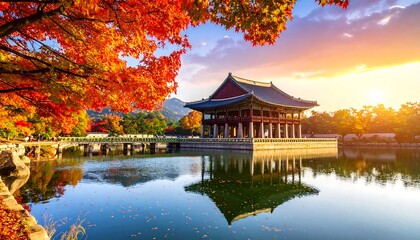 Fototapeta premium Autumnal landscape of a serene Asian temple complex reflecting in a still pond