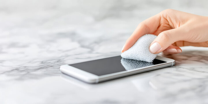 A hand cleans a smartphone screen with a cloth, placed on a marble surface. Cleanliness, technology care, hygiene
