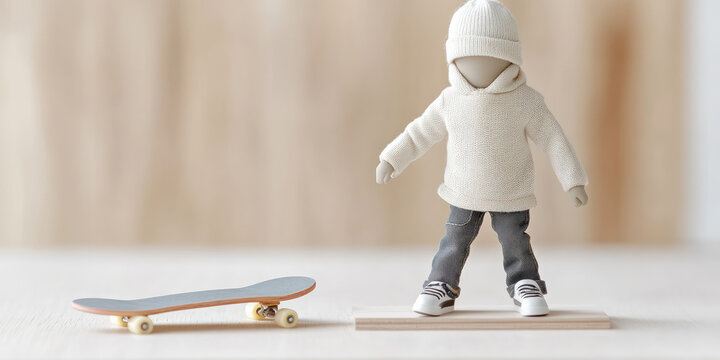 A small figurine dressed in casual clothes stands on a wooden platform beside a skateboard fingerboard. Miniature, casual attire, skateboarding, modern, playful concept - Powered by Adobe