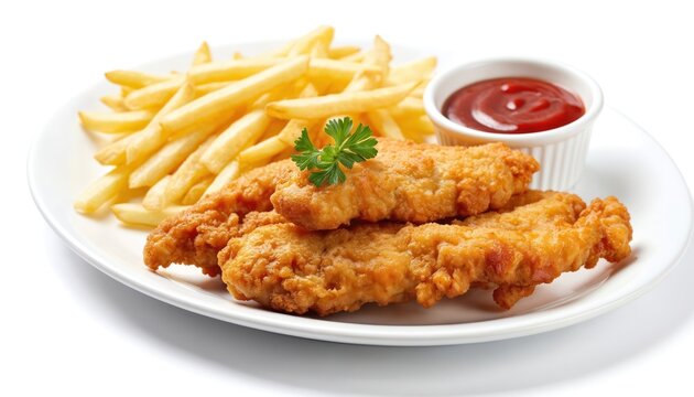 Golden fried chicken tenders on a white plate with two crispy fries and a cup of ketchup. Light brown meat with dark brown crust served with tasty sides for meal. Healthy eating options.