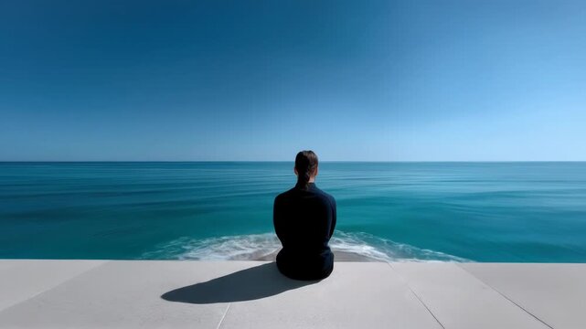 Person sits on a platform overlooking a tranquil beach