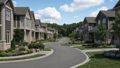 Serene suburban neighborhood street with single-story modern houses, gray, brown exteriors, chimneys, lush landscape with trees, shrubs. Gray road, sidewalk, clear blue sky with fluffy white clouds.